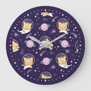 Grande Horloge Ronde Cute Kitty Chat Astronauts Motif