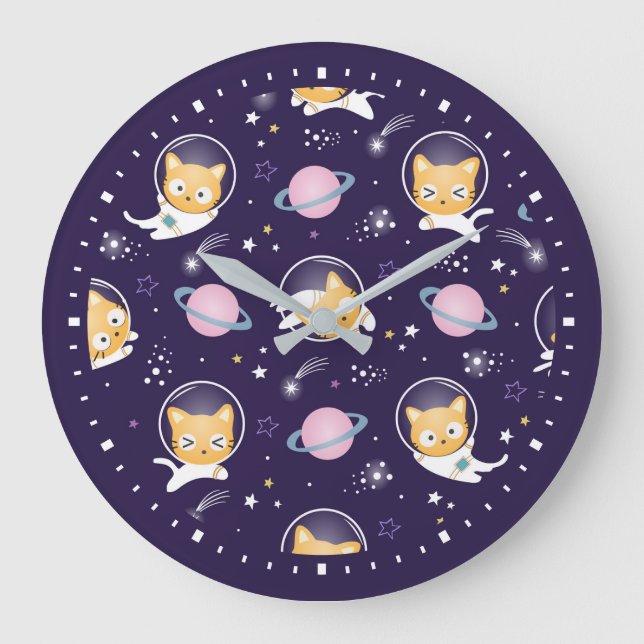 Grande Horloge Ronde Cute Kitty Chat Astronauts Motif (Recto)