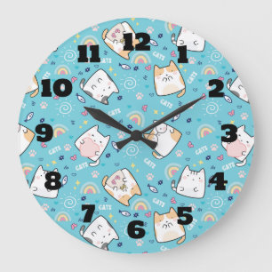 Grande Horloge Ronde Cute Kitty Chat Motif Whimsical