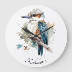 Grande Horloge Ronde Cute Kookaburra sur une branche, personnalisable