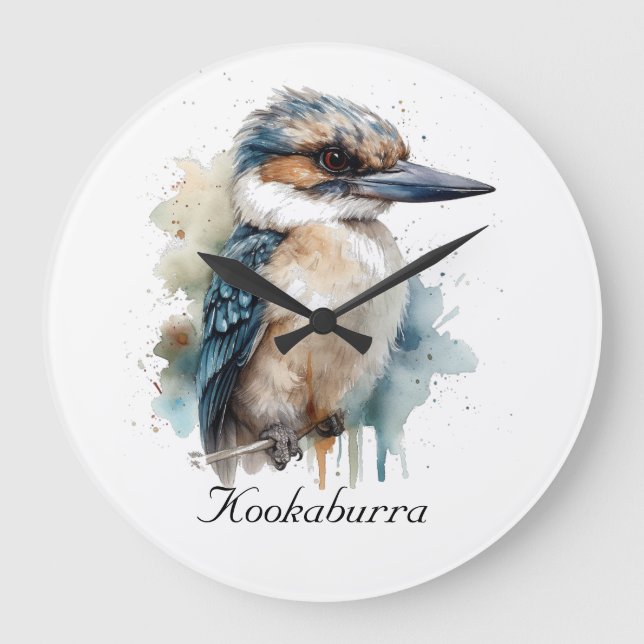 Grande Horloge Ronde Cute Kookaburra sur une branche, personnalisé (Recto)