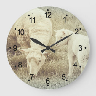 Grande Horloge Ronde Cute Lamb et Mama Ewe Sheep Large Clock