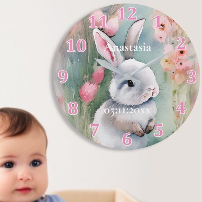 Grande Horloge Ronde Cute Lapin Lapin Pastel Aquarelle Fleurs de printe (Créateur téléchargé)