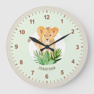 Grande Horloge Ronde Cute Lion Cub Animal Safari Dotée Enfants Décor Ch