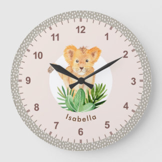 Grande Horloge Ronde Cute Lion Cub Faune Aquarelle Filles Décor Chambre