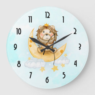 Grande Horloge Ronde Cute Lion Pêche sur l'aquarelle de la lune