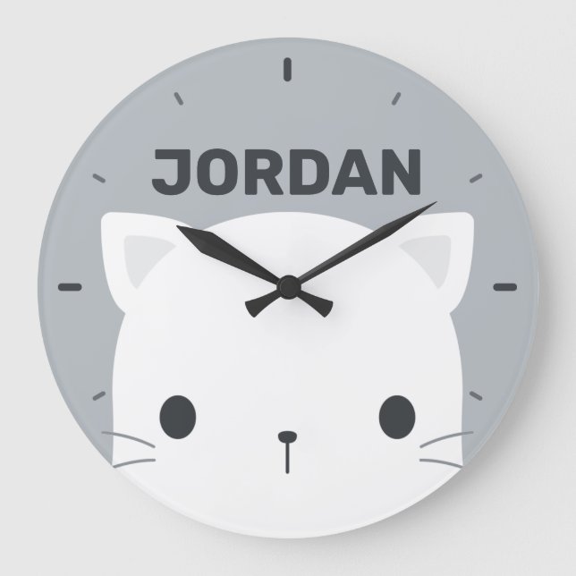 Grande Horloge Ronde Cute Little Cat avec nom personnalisé (Recto)
