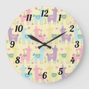 Grande Horloge Ronde Cute Llama Pink Yellow