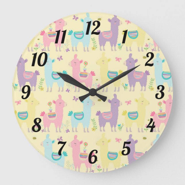 Grande Horloge Ronde Cute Llama Pink Yellow (Recto)