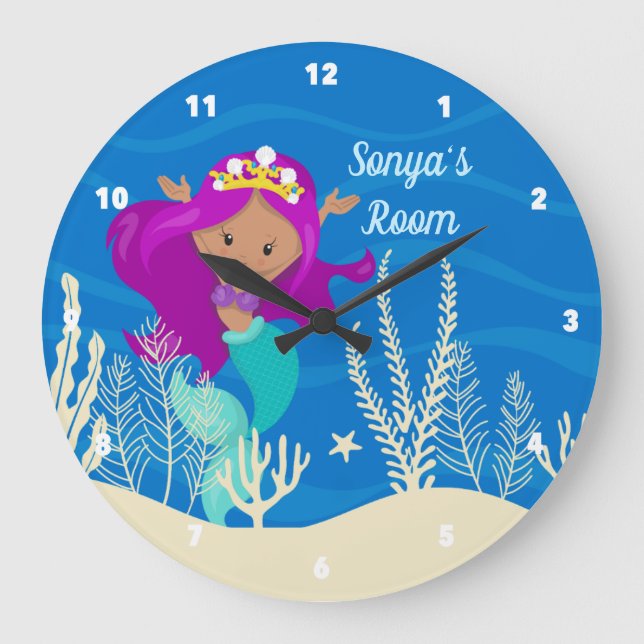 Grande Horloge Ronde Cute Mermaid Beach Girl Ocean Blue Chambre (Recto)