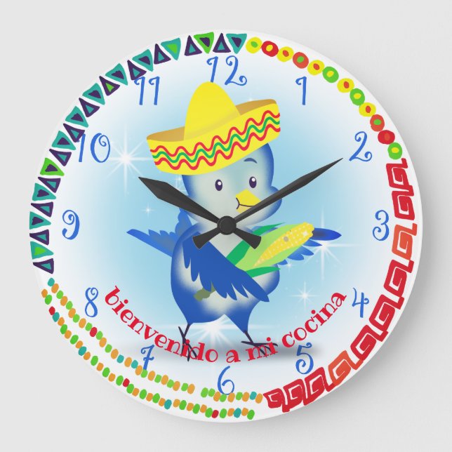 Grande Horloge Ronde Cute Mexican sombrero bird personalized kitchen (Recto)