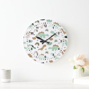 Grande Horloge Ronde Cute Mint Green Dinosaur Motif