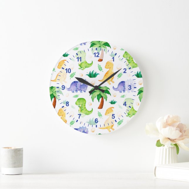Grande Horloge Ronde Cute Neon Aquarelle Dinosaur Motif (Maison)