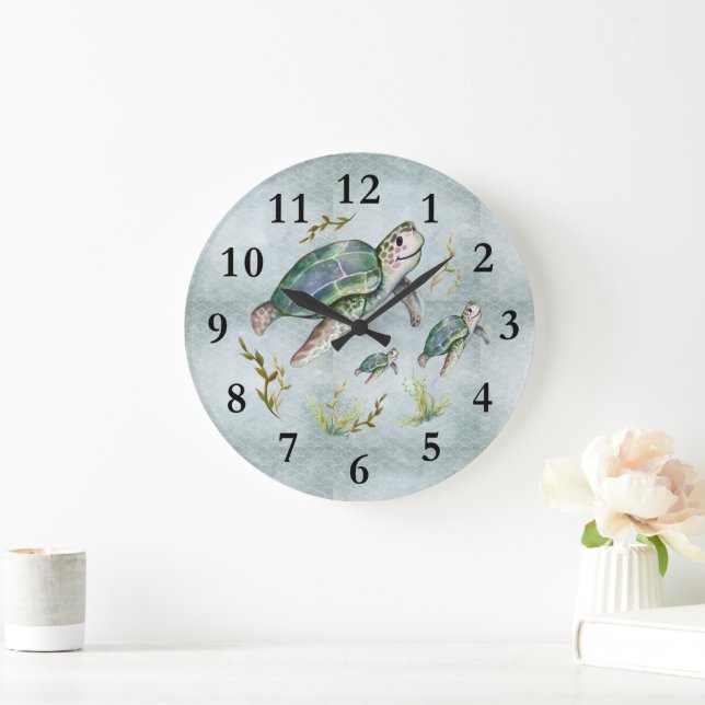Grande Horloge Ronde Cute Ocean Sea Créatures Tortue Baby Nursery Enfan (Maison)