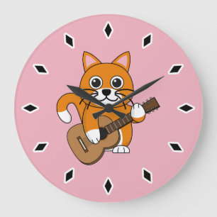 Grande Horloge Ronde Cute Orange Chat Blanc Jouer Caricature Guitare