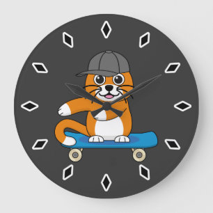 Grande Horloge Ronde Cute Orange Chat sur Skateboard Cartoon