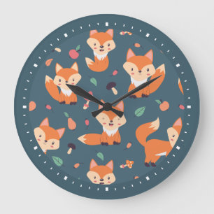 Grande Horloge Ronde Cute Orange Fox Pattern