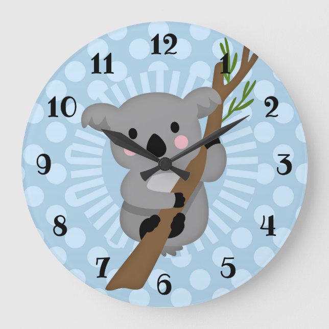 Grande Horloge Ronde Cute Ours Koala - Polka bleu point (Recto)