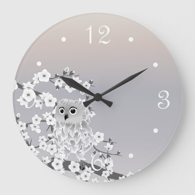 Grande Horloge Ronde Cute Owl Beige Taupe Blanc Numéros (Recto)