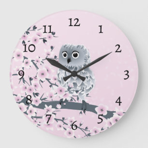 Grande Horloge Ronde Cute Owl Cherry Blossoms Pink Numbers