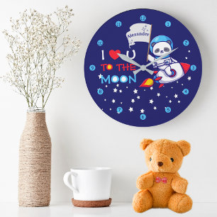 Grande Horloge Ronde Cute Panda Bear Sur Rocket Ship Kids Personnalisé