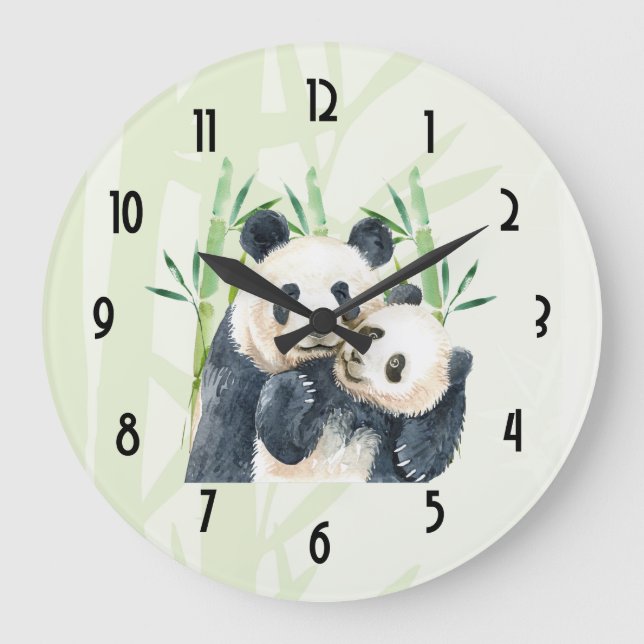 Grande Horloge Ronde Cute Panda Pair à Bamboo Watercolor (Recto)