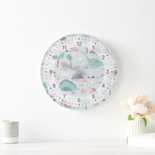 Grande Horloge Ronde Cute Pastel Dinosaur Motif