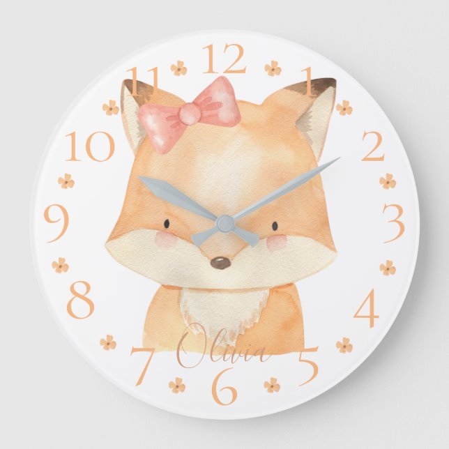 Grande Horloge Ronde Cute Personalized Watercolor Baby Fox (Recto)