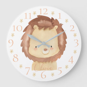 Grande Horloge Ronde Cute Personalized Watercolor Baby Lion with Name