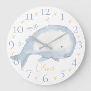 Grande Horloge Ronde Cute Personalized Watercolor Baby Whale Nautical