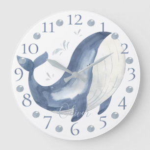 Grande Horloge Ronde Cute Personalized Watercolor Nautical Blue Whale