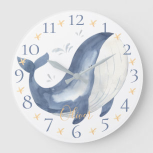 Grande Horloge Ronde Cute personalized Watercolor Nautical Blue Whale