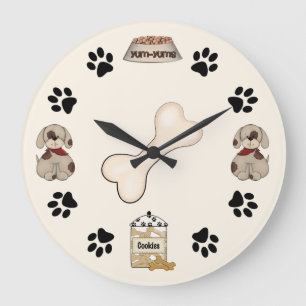 Grande Horloge Ronde Cute Puppy Dogs, Paw Prints and Bone