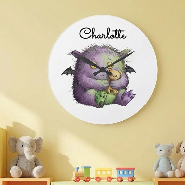 Grande Horloge Ronde Cute Purple Green Fluffy Monster Buddy (Créateur téléchargé)