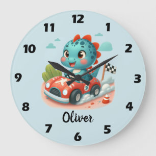 Grande Horloge Ronde Cute Racer Dino conduire une voiture rapide