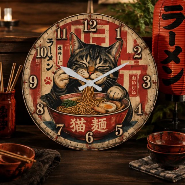 Grande Horloge Ronde Cute Ramen Cat (Créateur téléchargé)