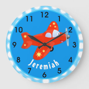 Grande Horloge Ronde Cute red airplane flying cartoon illustration