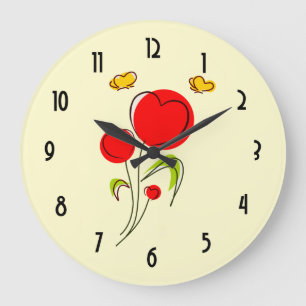 Grande Horloge Ronde Cute Red Heart Flowers and Yellow Butterflies