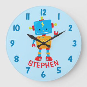Grande Horloge Ronde Cute Robot Science Boys Chambre Mur