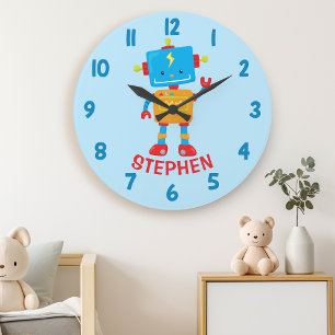 Grande Horloge Ronde Cute Robot Science Boys Chambre Mur