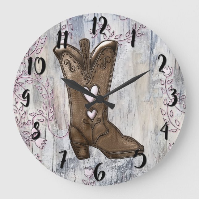 Grande Horloge Ronde Cute Rustic Pink Cowgirl Heart Boots Farmhouse  (Recto)