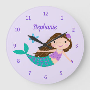 Grande Horloge Ronde Cute Sirène Whimsical violet Personnalisé