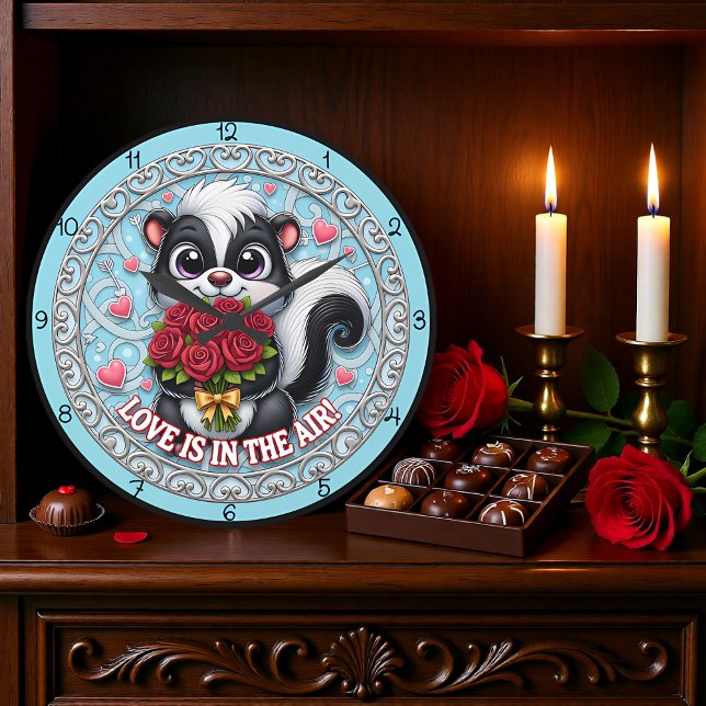 Grande Horloge Ronde Cute Skunk Love Is In The Air (Créateur téléchargé)