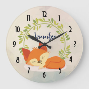 Grande Horloge Ronde Cute Sleeping Orange Fox with Green Leaves Wreath