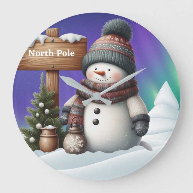 Grande Horloge Ronde Cute snowman on North Pole with northern lights (Recto)