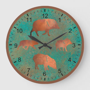 Grande Horloge Ronde Cute sud-ouest Javelina Famille Cuivre Turquoise