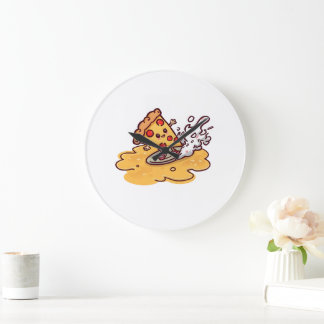 Grande Horloge Ronde Cute Surfing Pizza Slice Wall Clock