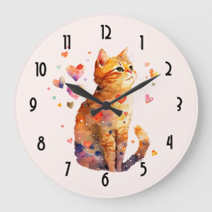 Grande Horloge Ronde Cute Tabby Chat avec Coeurs