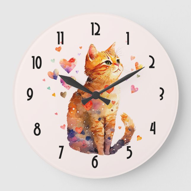 Grande Horloge Ronde Cute Tabby Chat avec Coeurs (Recto)