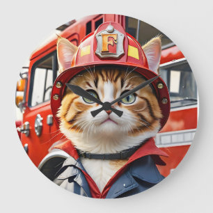 Grande Horloge Ronde Cute Tabby Chat en Aquarelle Uniforme Firefighter